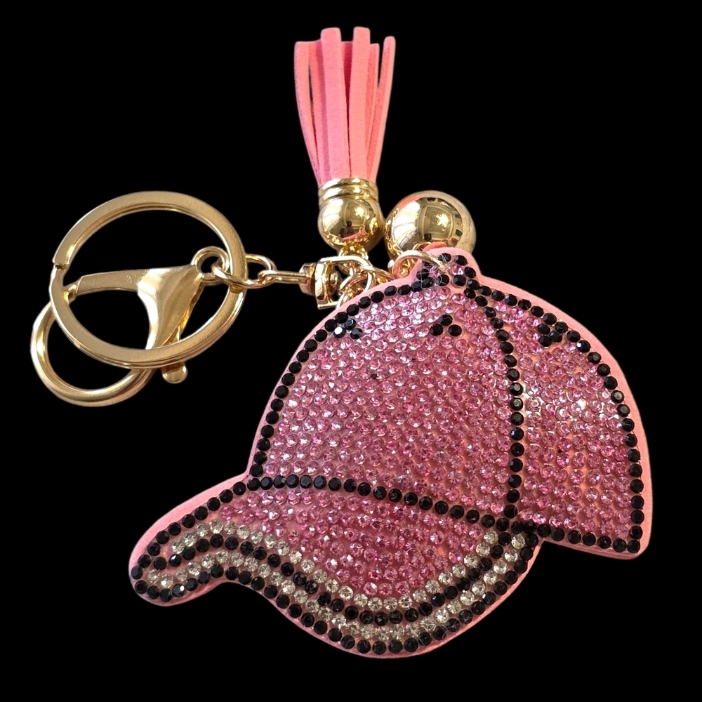 Pink Rhinestone Baseball Cap Bag Charm Keychain